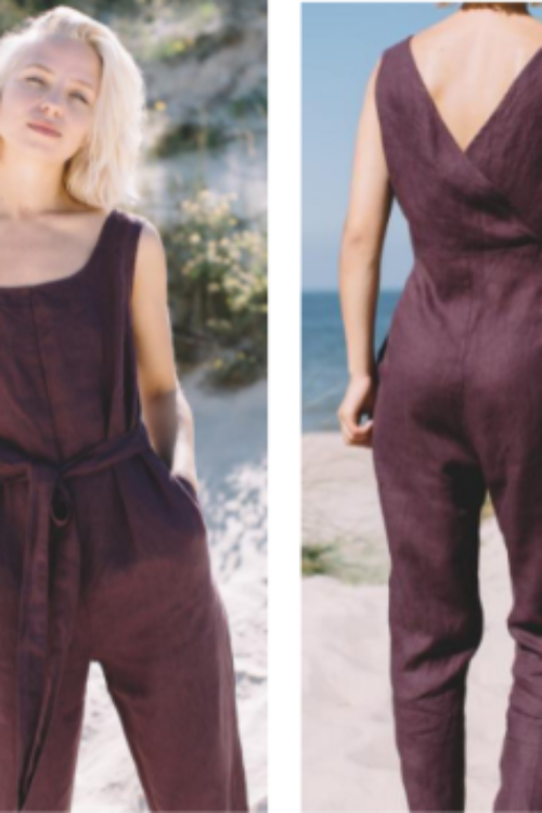 Luxury 100% Pure Linen Plum Jumpsuit | Elegant Sleeveless Wide Leg Jumpsuit