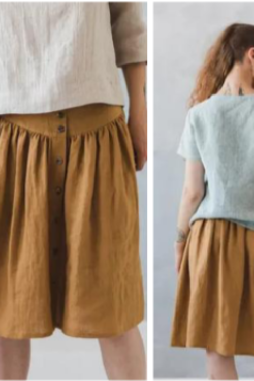 Premium 100% Pure Linen Brown Skirt | Casual Gathered Midi Skirt with Buttons