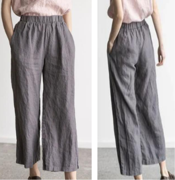 Front and back view of a woman showcasing solid charcoal gray 100% pure linen loose-fit wide-leg trousers with a comfortable elastic waistband.