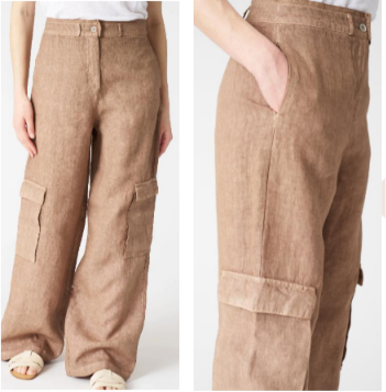 Front and back view of a woman showcasing solid khaki brown 100% pure linen relaxed-fit cargo pants with an elastic waistband and side utility patch pockets.