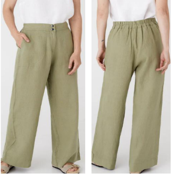 Front and back view of a woman showcasing solid sage green 100% pure linen loose-fit wide-leg trousers with a comfortable gathered elastic waistband