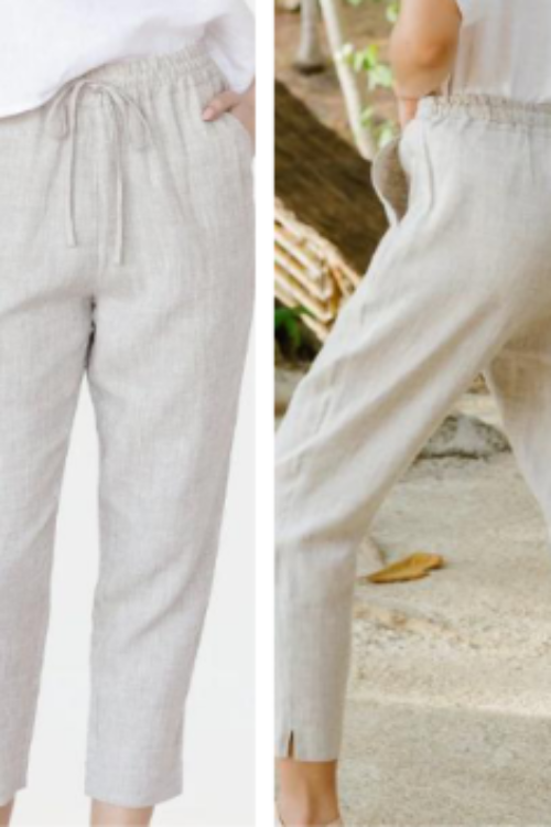 Luxury 100% Pure Linen Beige Trousers | Elegant Drawstring Wide Leg Pants
