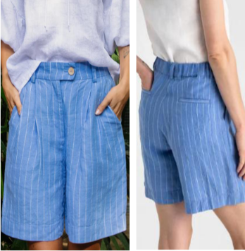 Front and back view of a woman showcasing blue and white vertically striped 100% pure linen casual shorts with a comfortable gathered elastic waistband.
