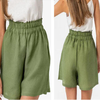 Front and back view of a woman showcasing solid olive green 100% pure linen casual loose-fit shorts with a comfortable gathered elastic waistband