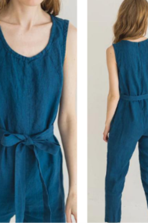 Ocean Blue 100% Pure Linen Jumpsuit | Sleeveless Wide Leg Summer Romper