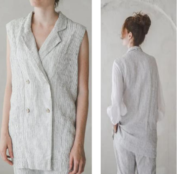 Front and back view of a woman showcasing a sophisticated off-white beige 100% pure linen sleeveless double-breasted long vest jacket with structured notch lapels and matching tailored trousers.