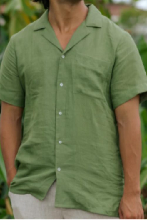 Premium 100% Pure Linen Green Shirt | Casual Short Sleeve Cuban Collar Shirt