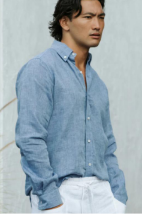 Premium 100% Pure Linen Light Blue Shirt | Men’s Casual Long Sleeve Button-Up