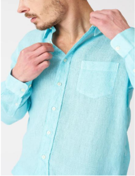 Front view of a man showcasing a solid light mint blue 100% pure linen casual shirt with a structured collar and a front chest patch pocket.