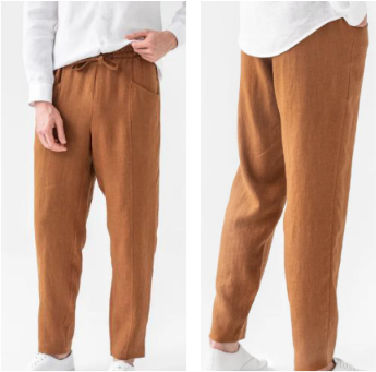 Front and back view of a woman showcasing solid rust brown 100% pure linen casual loose-fit trousers with a comfortable gathered elastic waistband.