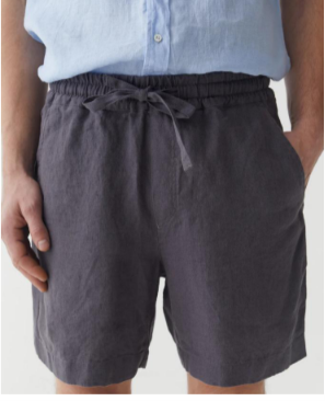 Front close-up view of a man showcasing stylish charcoal dark gray 100% pure linen casual shorts featuring a comfortable drawstring elastic waistband.