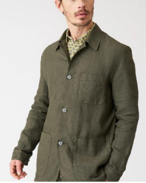 Front view of a man showcasing a sophisticated solid olive green 100% pure linen lightweight casual jacket overshirt with front button closures and a clean tailored collar.