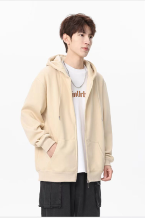 Soft Cream Zip-Up Hoodie Jacket | Men’s Cozy Casual Lightweight Layer