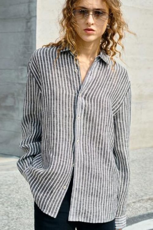 Women’s 100% Linen Striped Button-Up Shirt