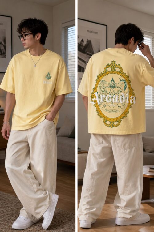 Amaari London Men’s Arcadia Graphic Oversized Streetwear T-Shirt – Pastel Yellow