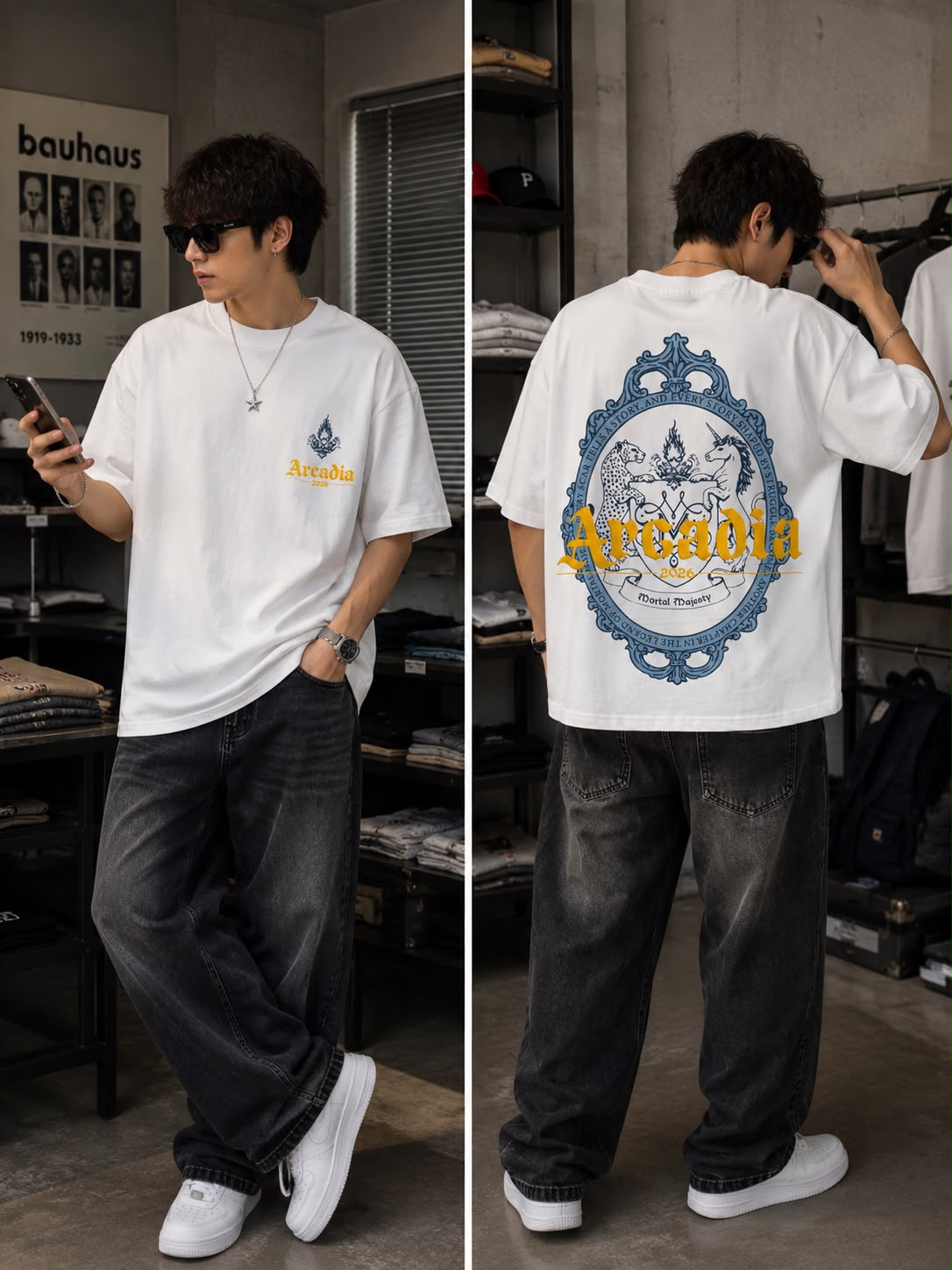 Front and back view of a men's oversized streetwear t-shirt in white, featuring a small yellow and blue front chest graphic and a large circular vintage Arcadia back print in blue and gold.