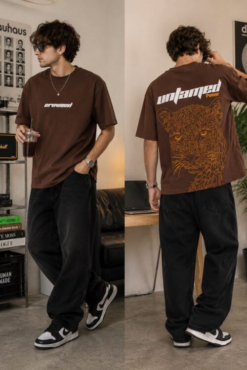 Amaari London Men’s “Untamed Power” Leopard Graphic Oversized T-Shirt – Chocolate Brown