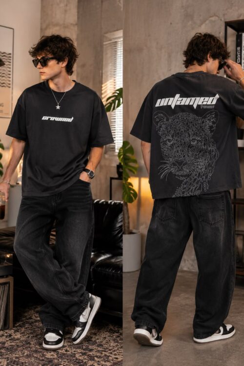 Amaari London Men’s “Untamed Power” Leopard Graphic Oversized T-Shirt – Washed Black