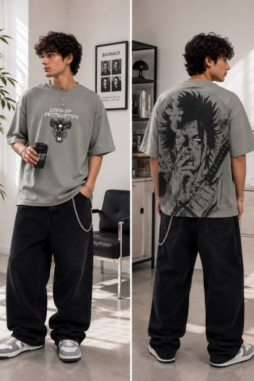 Amaari London Men’s “Lord of Destruction” Anime Graphic Oversized T-Shirt – Sage Grey