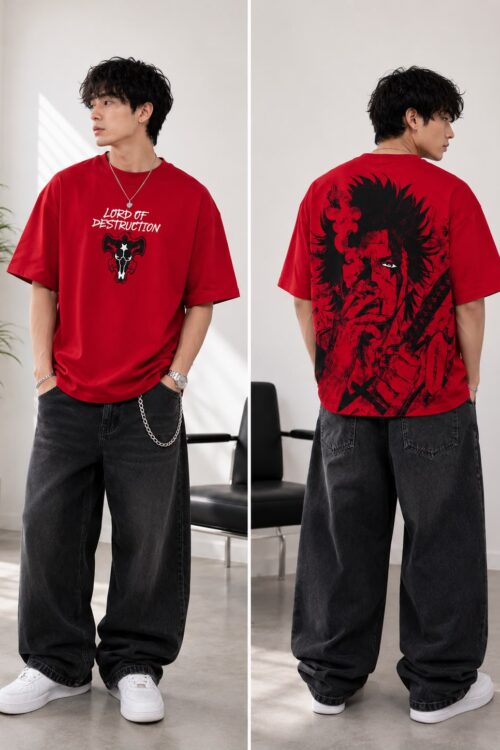 Amaari London Men’s “Lord of Destruction” Anime Graphic Oversized T-Shirt – Crimson Red